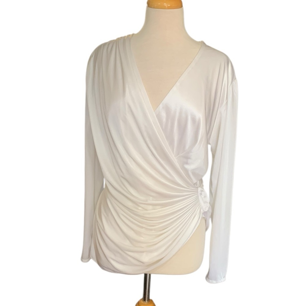 Vntg 80’s Abby Kent white satiny long sleeved wrap waist shirt size 14